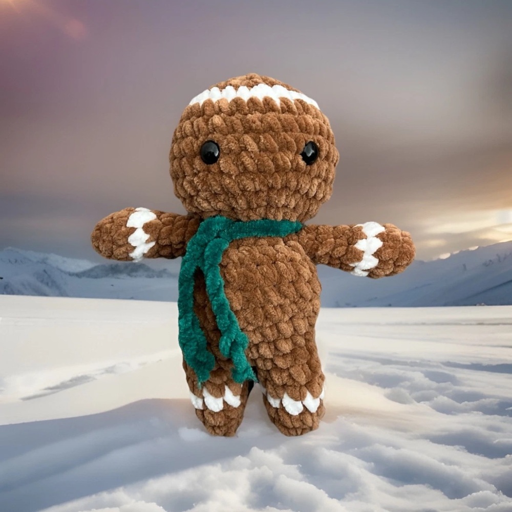 Handmade Crochet Brown Gingerbread Man Plush Toy with Green Removable Scarf